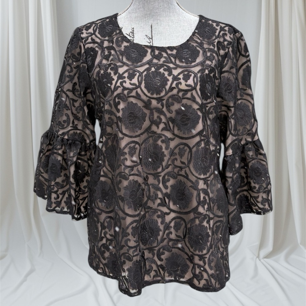 Calvin Klein Black Floral Whimsigoth Party Lace Top